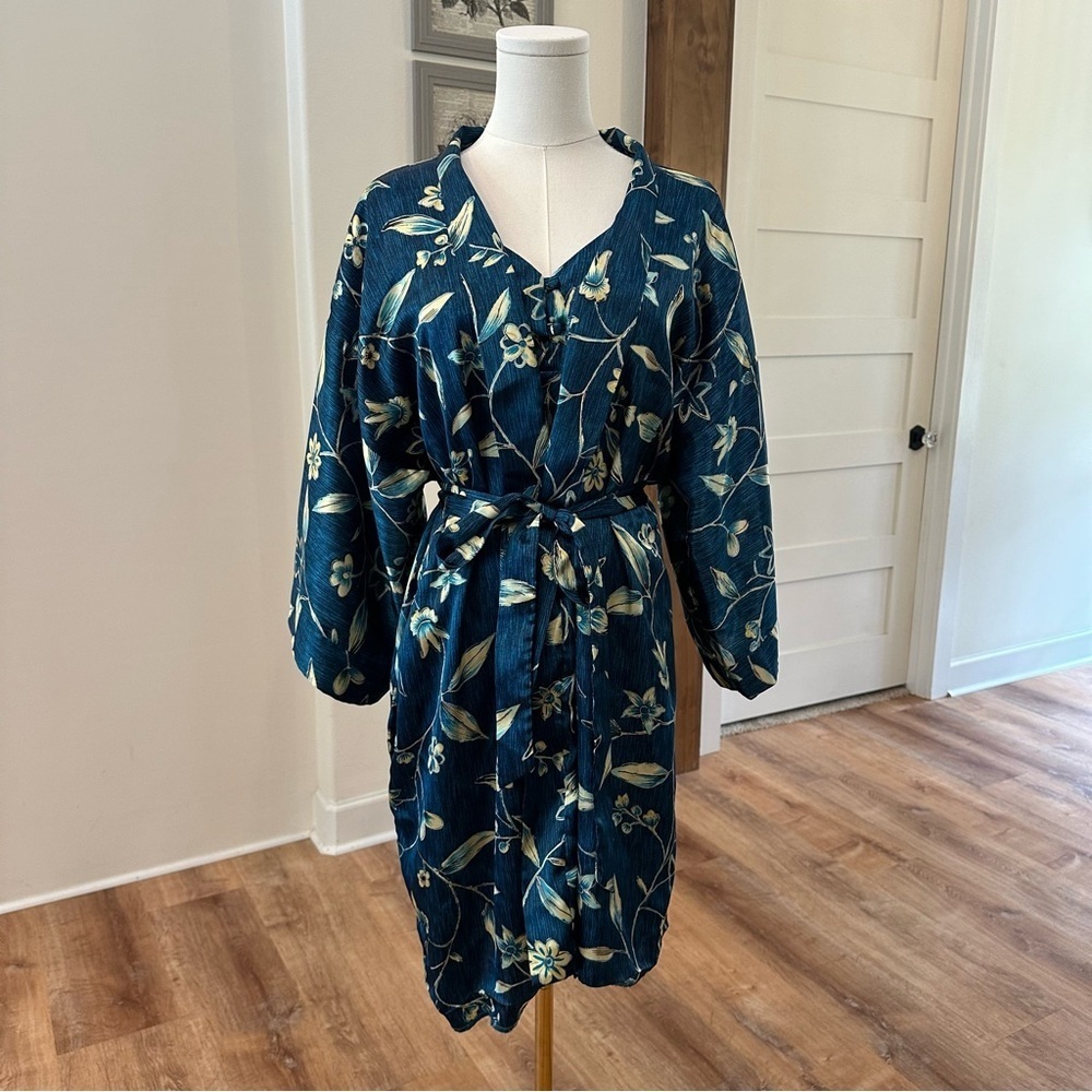 Vintage Y2K Blue Wrap Floral Soft Robe Matching Nightgown Intimates Pajama Set - Picture 2 of 11